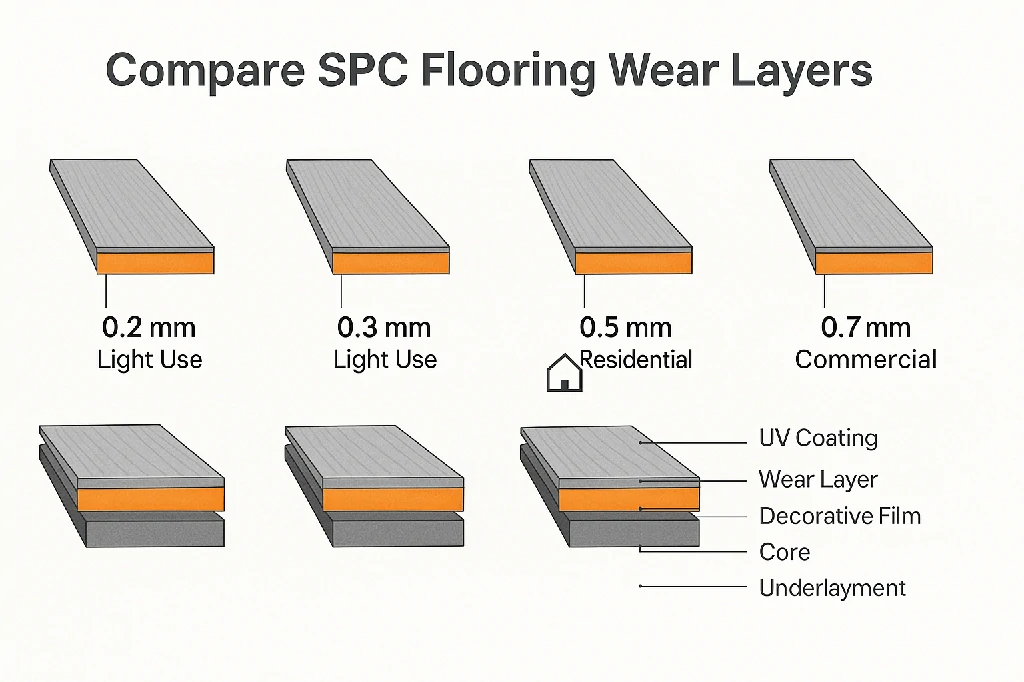 Plastic stone composite flooring has a variety of thickness options